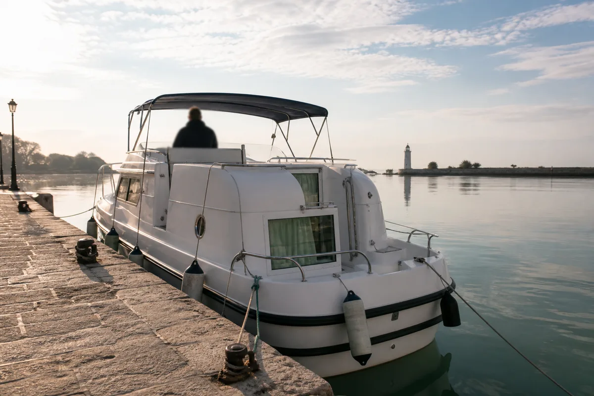 Peniche de location amarree au quai de la pointe des Onglous a Marseillan, phare blanc en arriere-plan