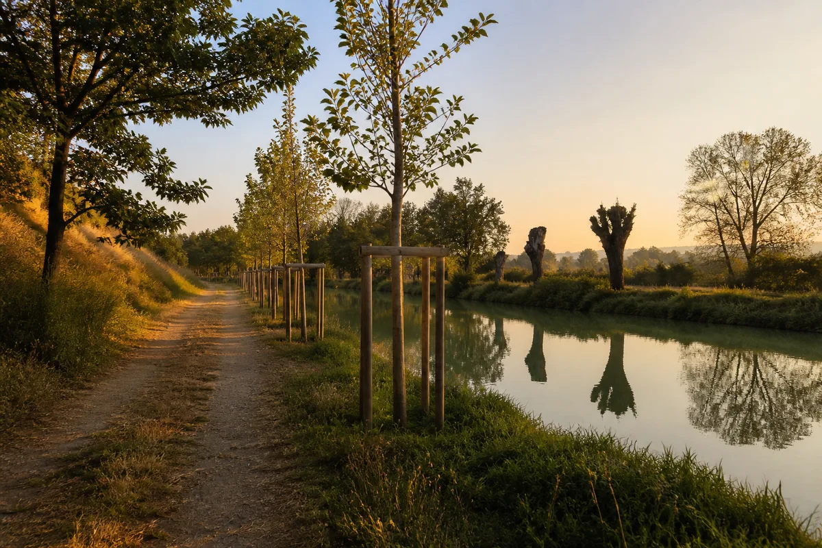 Berge du canal du Midi bordee de jeunes platanes replantes, chemin de halage desert en fin de journee