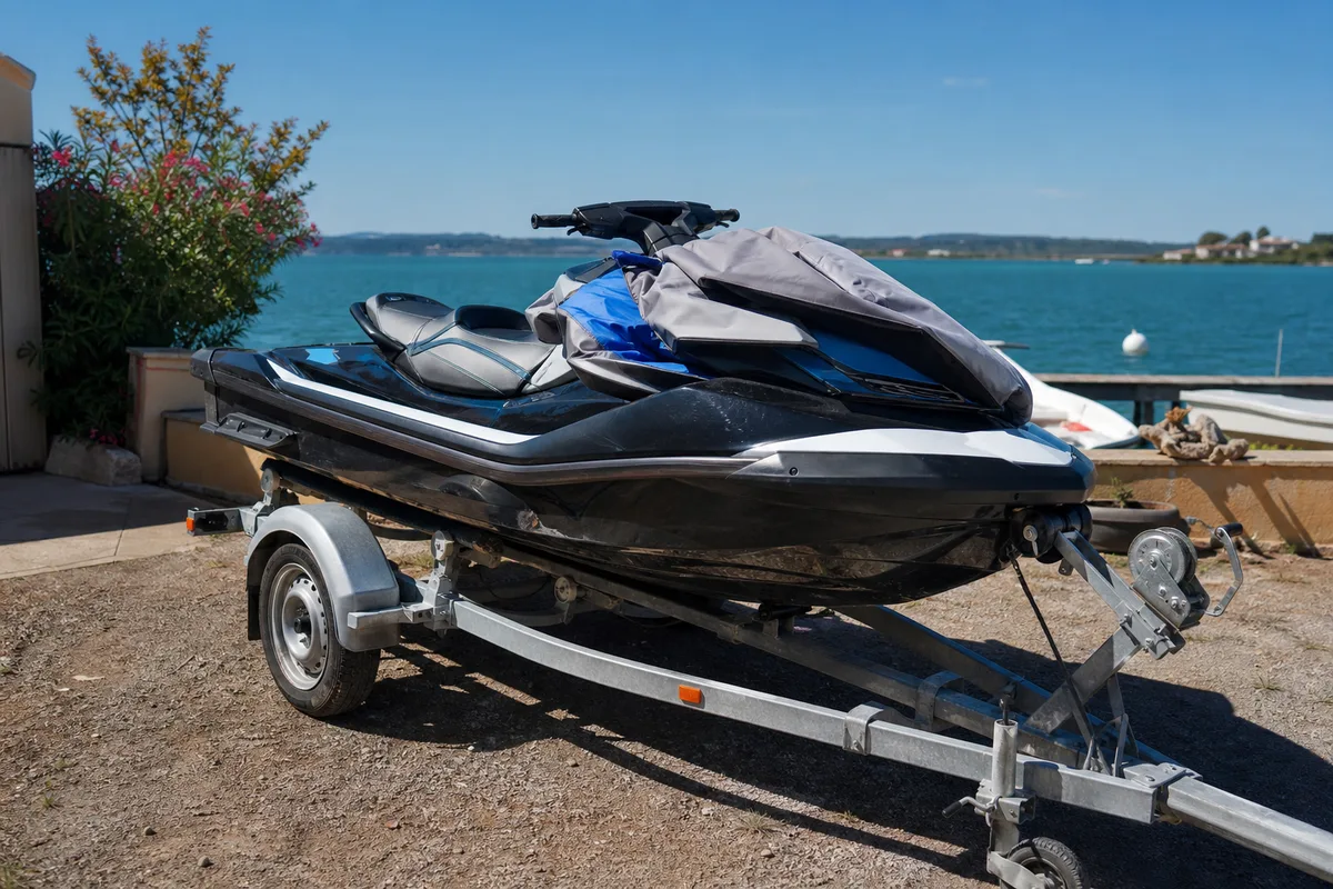 Jet-ski pose sur sa remorque dans une cour, housse repliee sur le pont
