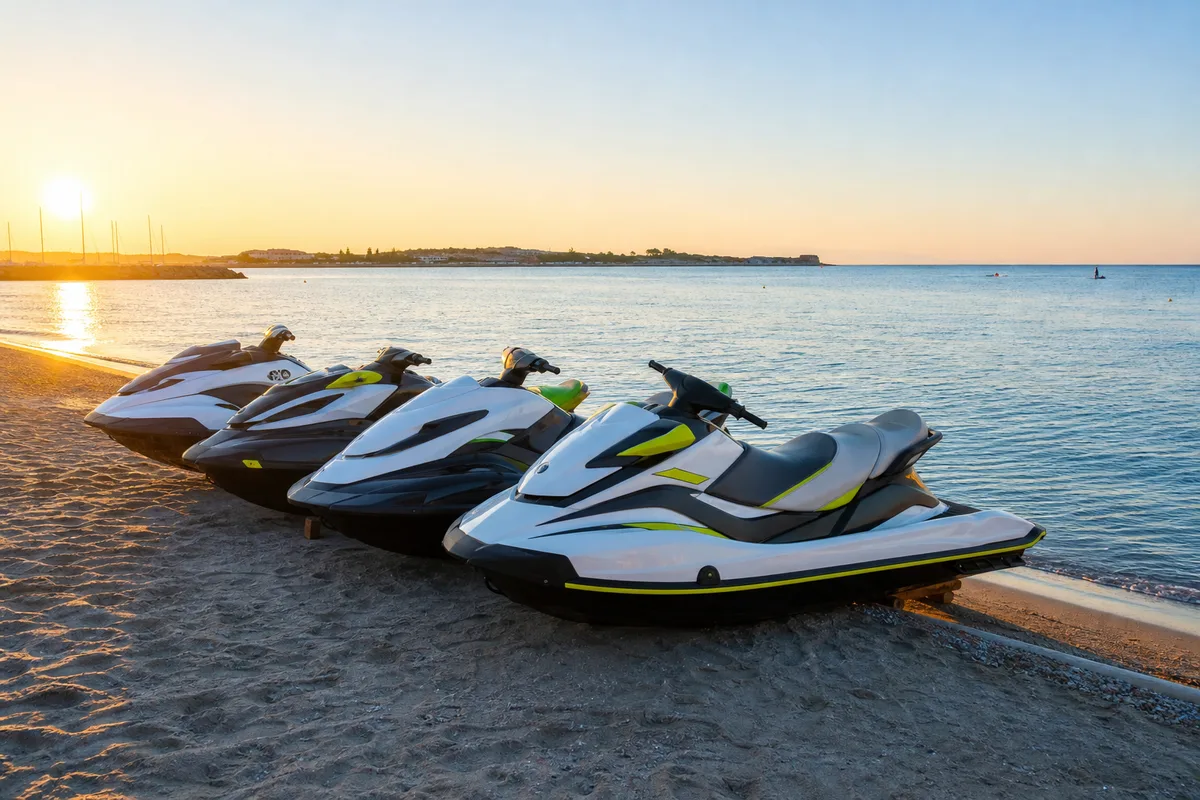 Groupe de jet-skis alignes sur une plage de sable au lever du soleil
