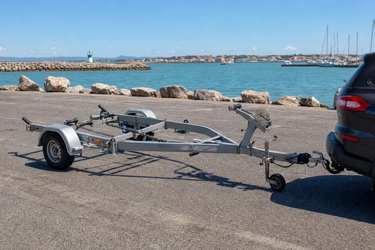 Remorque nautique vide attelee a un vehicule sur un parking pres du port