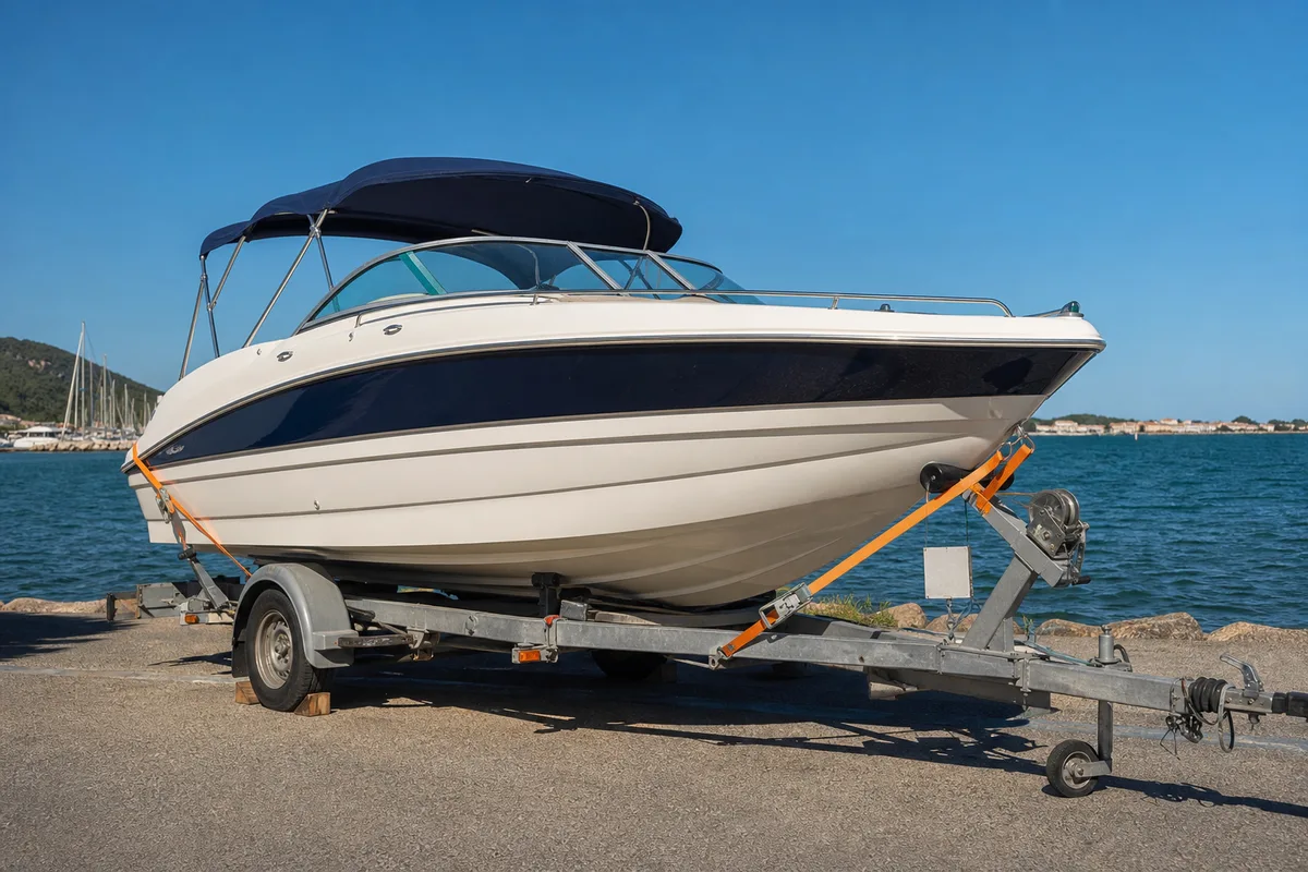 Bateau sangle sur une remorque, sangles tendues sur la coque et proue calee