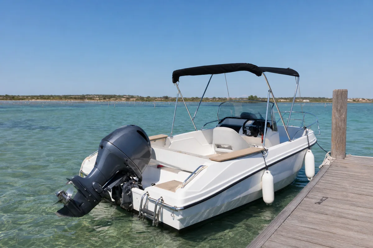 Petit bateau de plaisance a moteur amarre au ponton, moteur hors-bord visible a l&rsquo;arriere