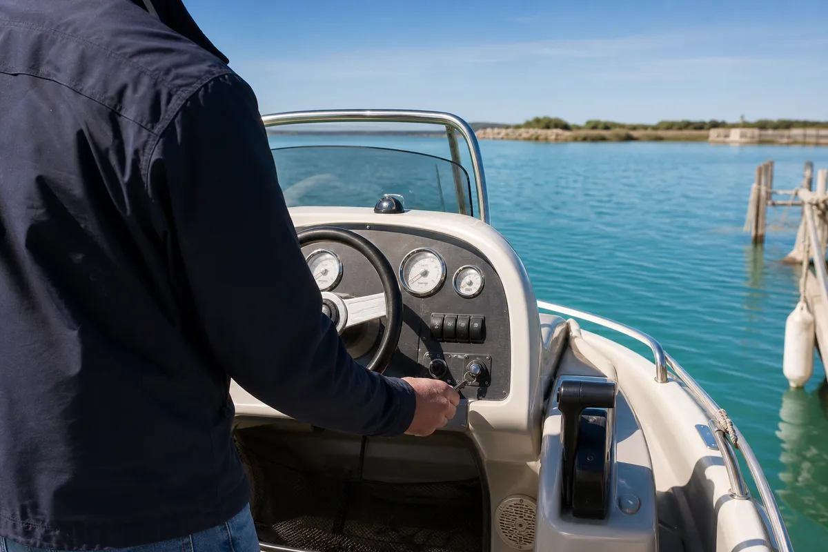 Personne examinant le tableau de bord d&rsquo;un bateau avant le depart, cle de contact en main