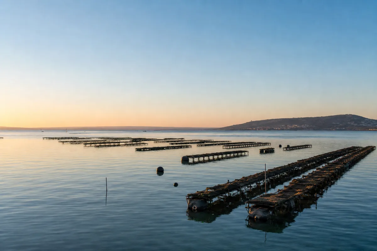Vue de l&rsquo;etang de Thau au lever du jour, tables conchylicoles alignees sur l&rsquo;eau calme