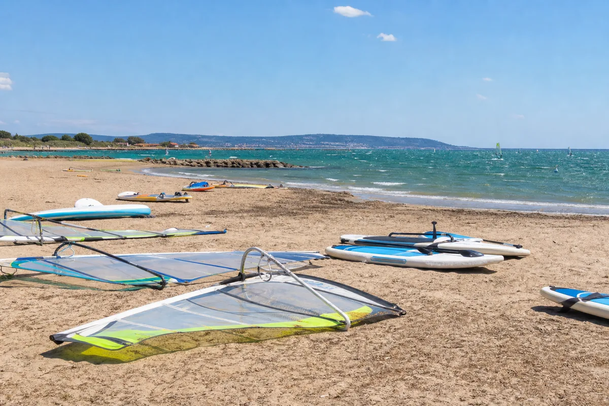 Planches a voile et paddles sur une plage de sable large, mer legerement formee