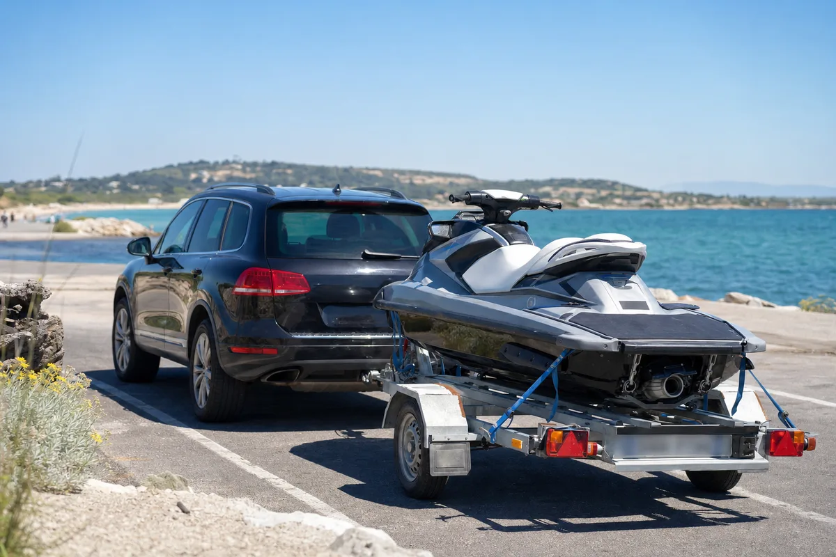 Remorque de jet-ski attelee a un vehicule, vue de trois quarts arriere sur un parking