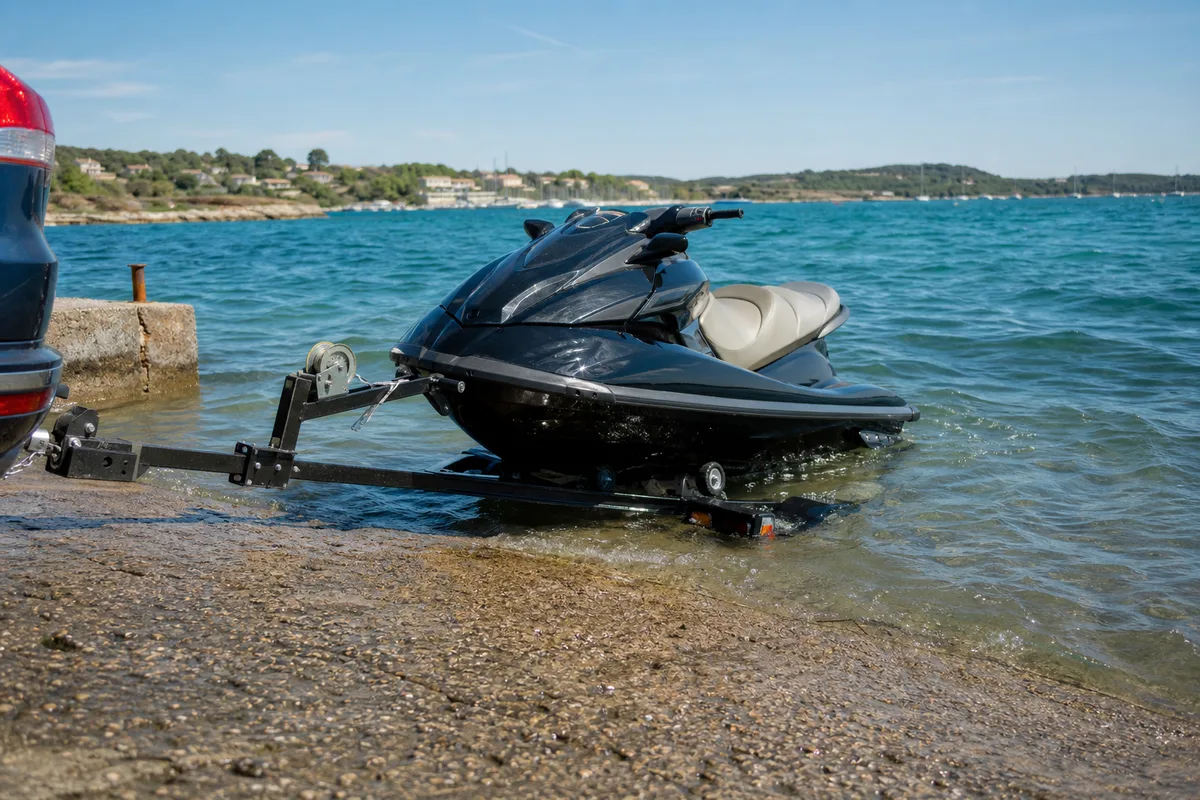 Remorque de jet-ski immergee sur une cale de mise a l&rsquo;eau, machine glissant vers l&rsquo;eau
